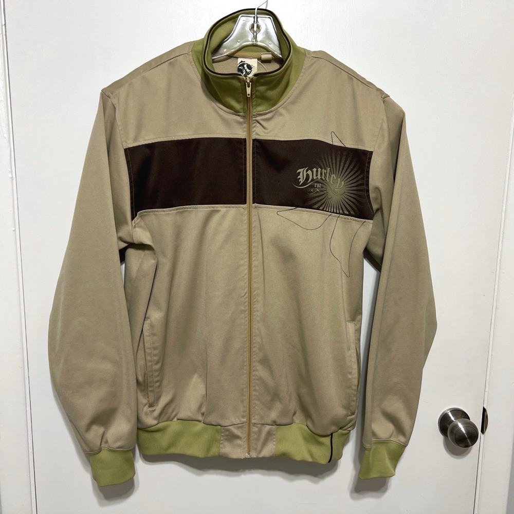 Y2K Hurley Track Jacket Mens XL Tan Green Brown Full Zip Graphic Skater‎ Surf